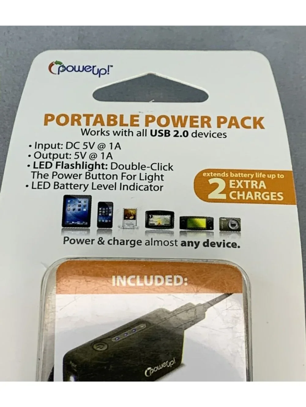 PowerUp! Portable 2200mA Power Pack USB Battery Charger With LED Flashlight NEW